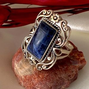Vintage Sterling Silver 925 Thai Deep Blue Sodalite Filigree Ring Size 9